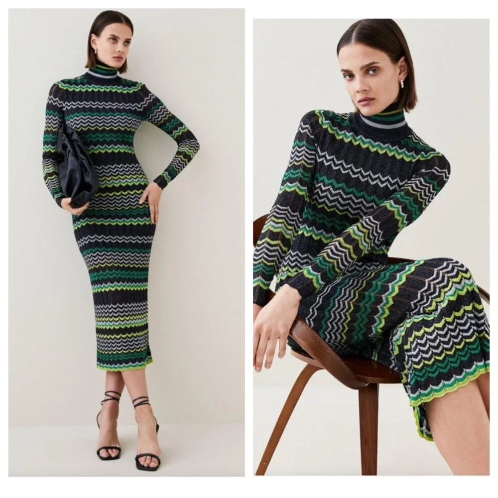 Karen Millen Patterned Sparkle Knit Roll Neck Jacquard Midi Dress